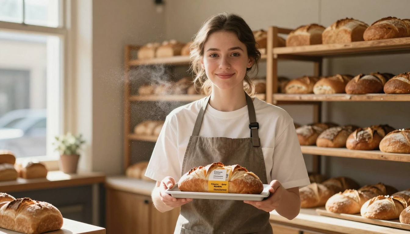 Bakery owner holding a tablet showing an email newsletter