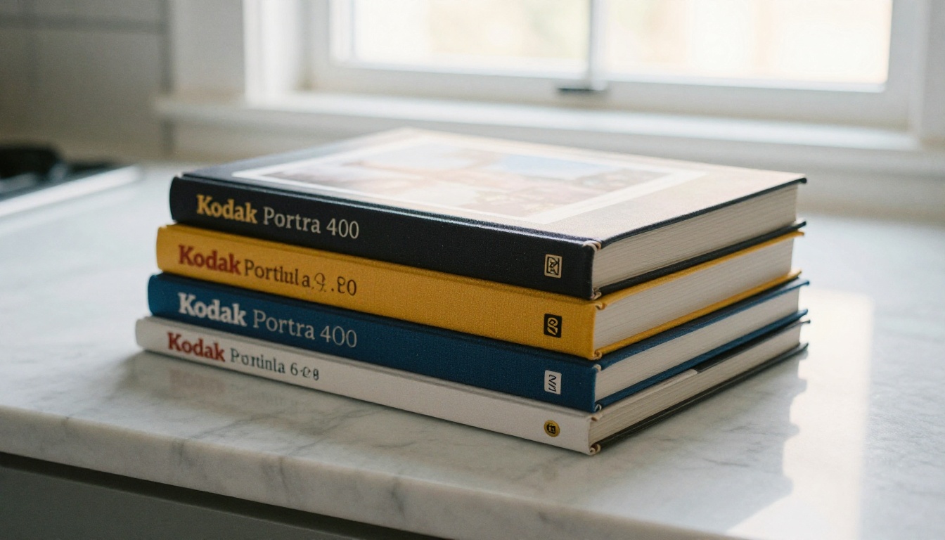 Three printed photo books stacked on a marble counter