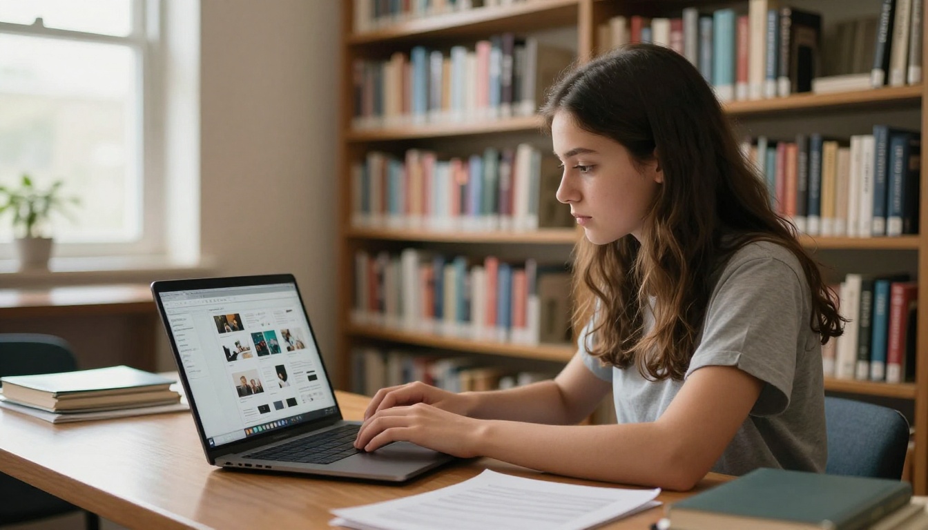 A student reviewing portfolio projects on a laptop in a quiet library A student reviewing portfolio projects on a laptop in a quiet library