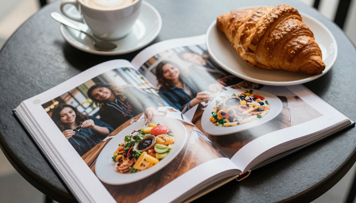 An open softcover photo book on a cafe table