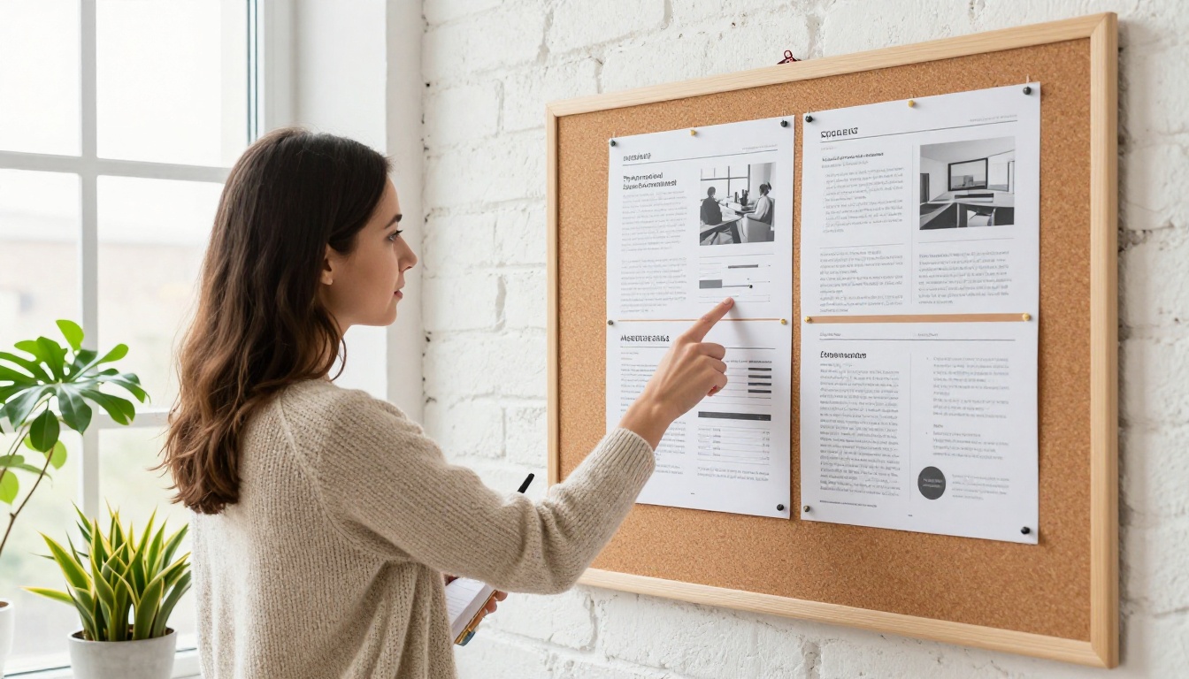 Two coworkers reviewing a printed newsletter mockup on a corkboard