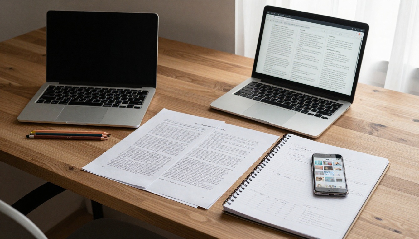 Overhead view of a desk with a laptop, sketchbook and printed essays Overhead view of a desk with a laptop, sketchbook and printed essays