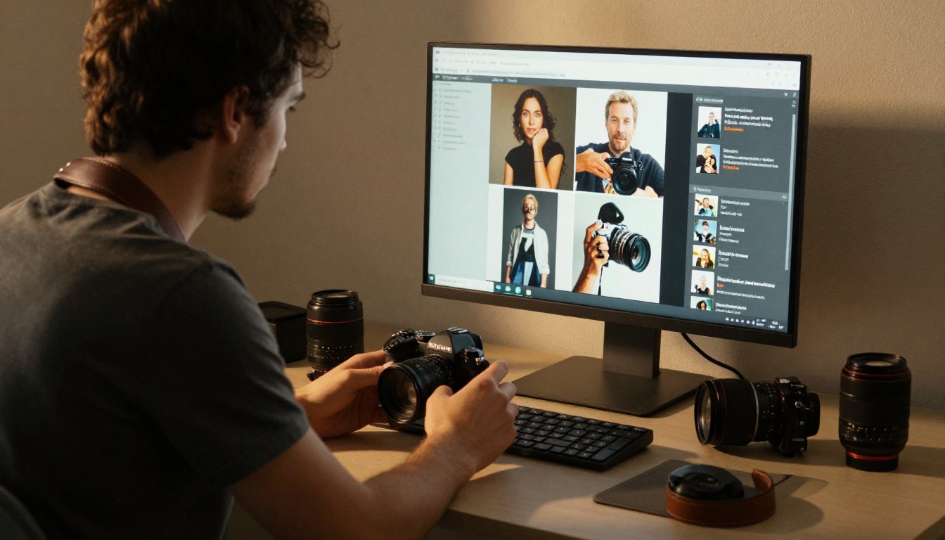 Freelance photographer selecting images on a large monitor