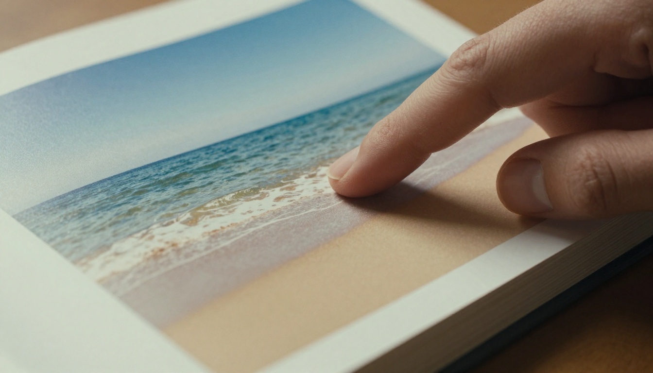 Macro of a hand pressing a printed photo book page