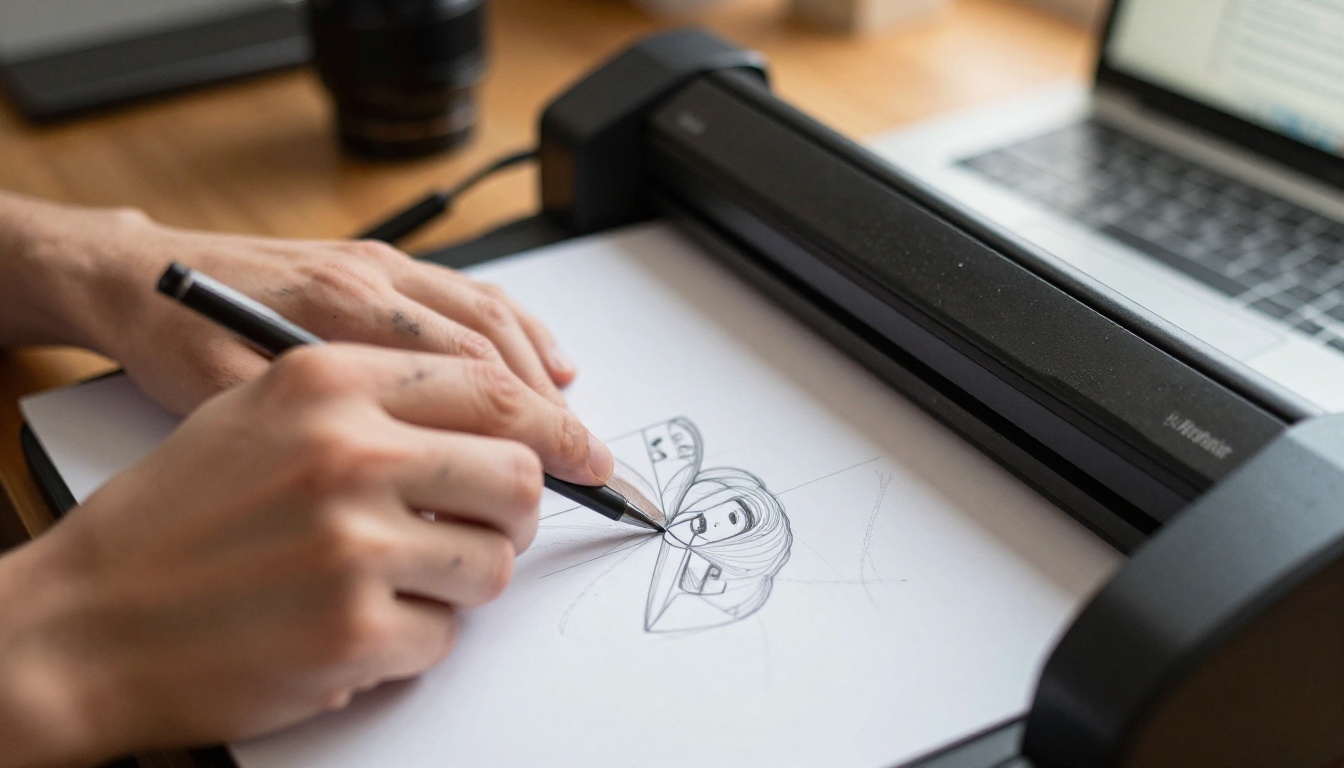 Close-up of hands scanning a pencil drawing beside a laptop Close-up of hands scanning a pencil drawing beside a laptop