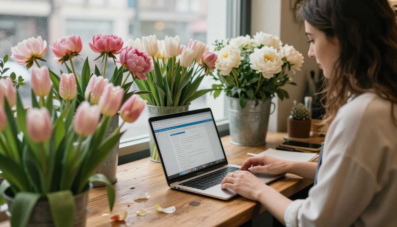 Florist arranging a bouquet beside a laptop showing an email draft