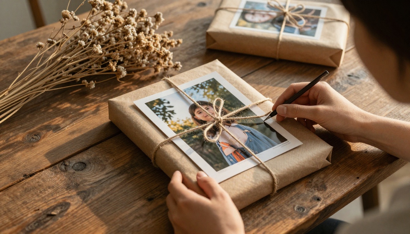 A woman wrapping a printed photo book as a gift