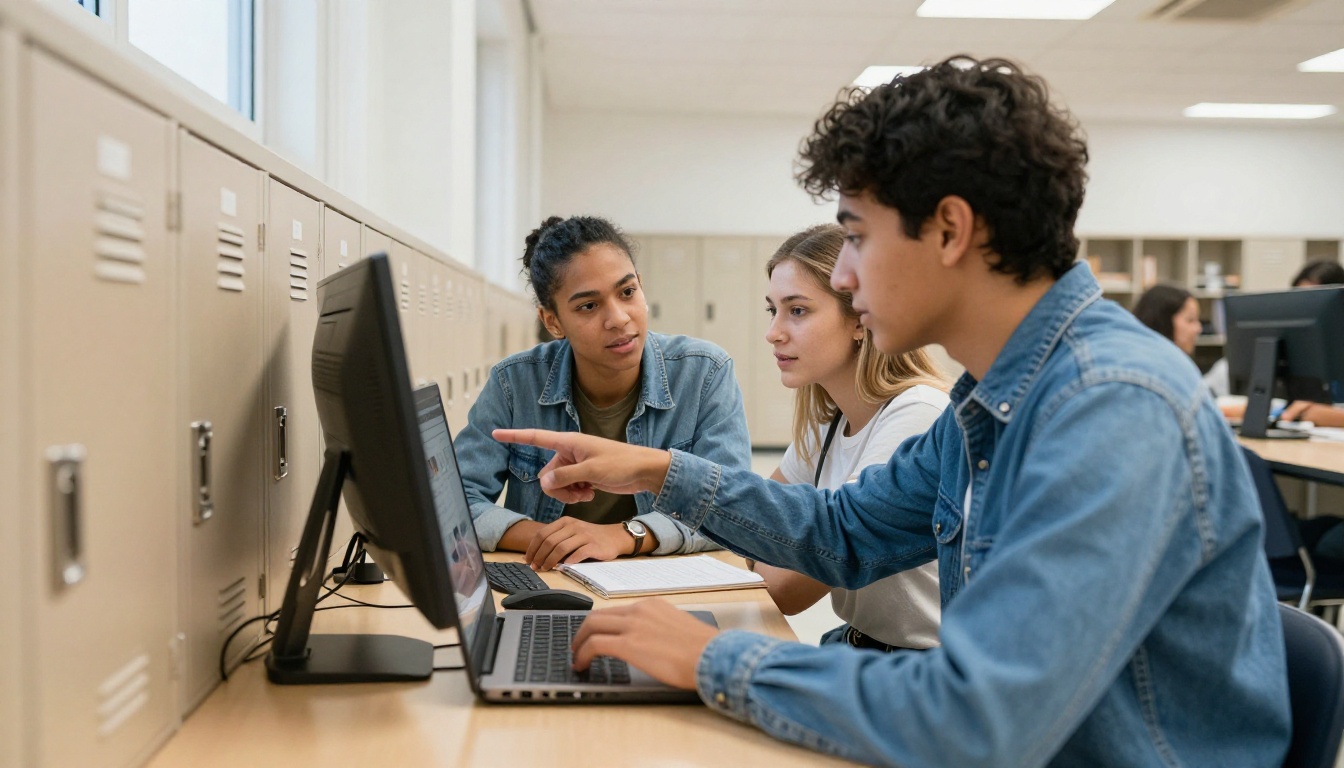 Two students looking at a portfolio on a laptop in a school hallway Two students looking at a portfolio on a laptop in a school hallway