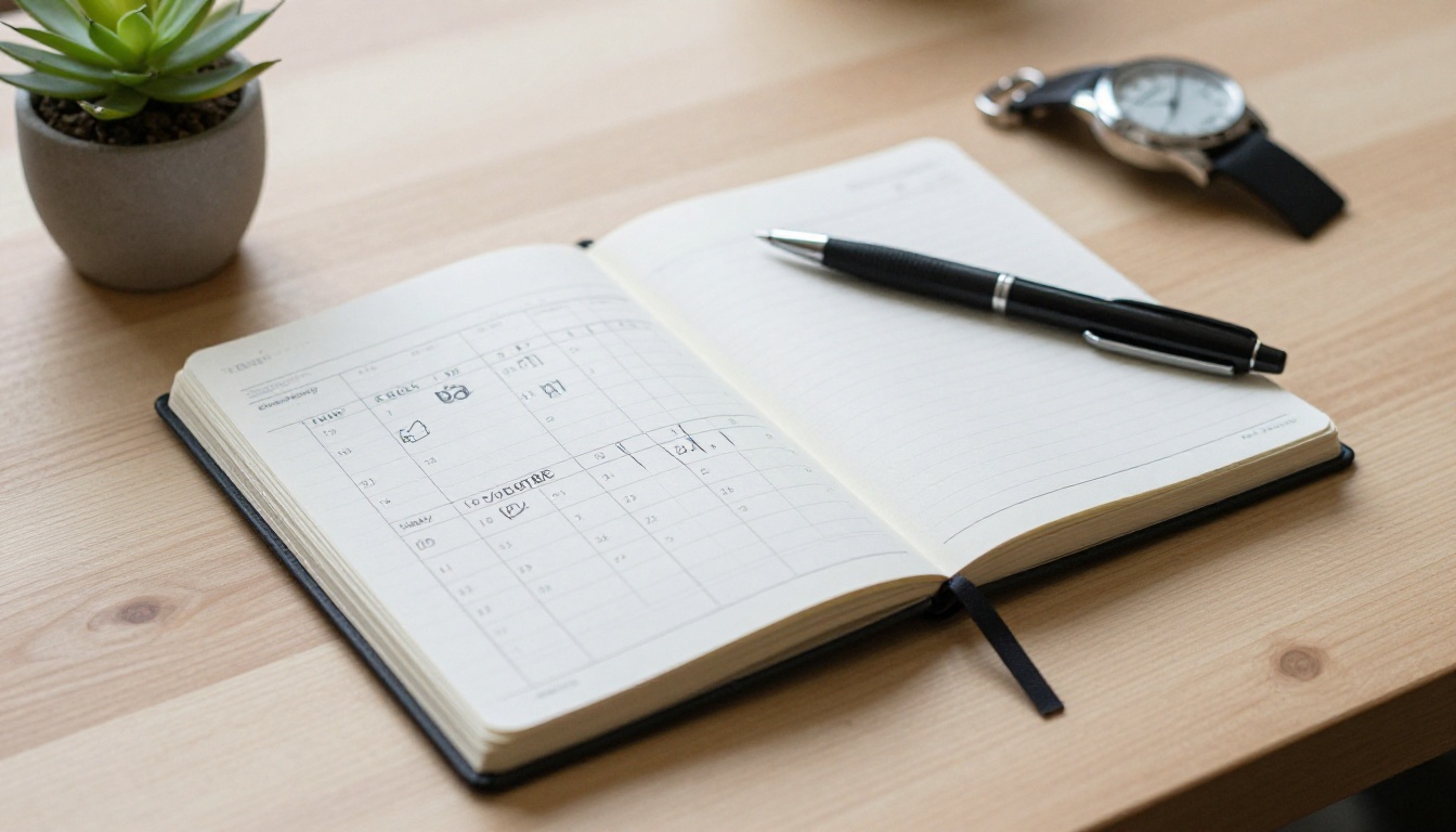 Notebook with a hand-drawn weekly content calendar