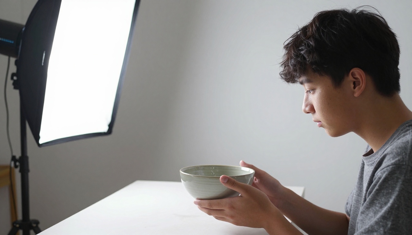 A teenager photographing a ceramic bowl with a camera on a tripod A teenager photographing a ceramic bowl with a camera on a tripod