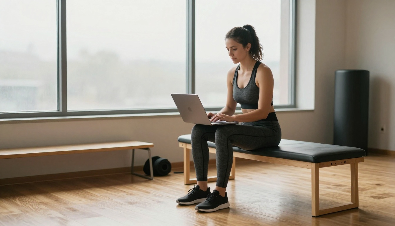 Fitness studio owner typing on a laptop beside yoga mats
