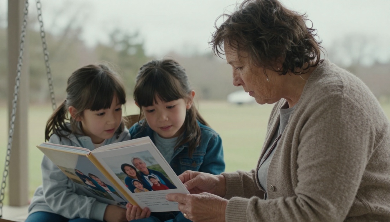 A grandmother and child looking through a family photo book