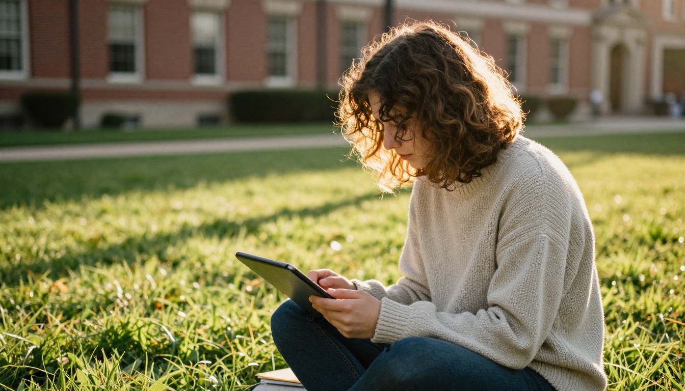 A student reviewing a portfolio on a tablet while seated on a campus lawn A student reviewing a portfolio on a tablet while seated on a campus lawn