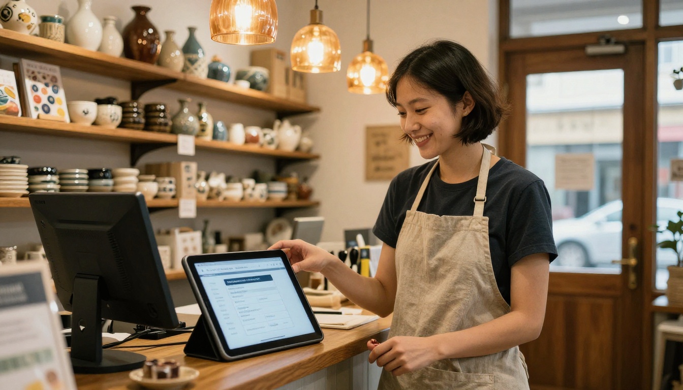 Shopkeeper smiling at a tablet showing a subscriber signup form