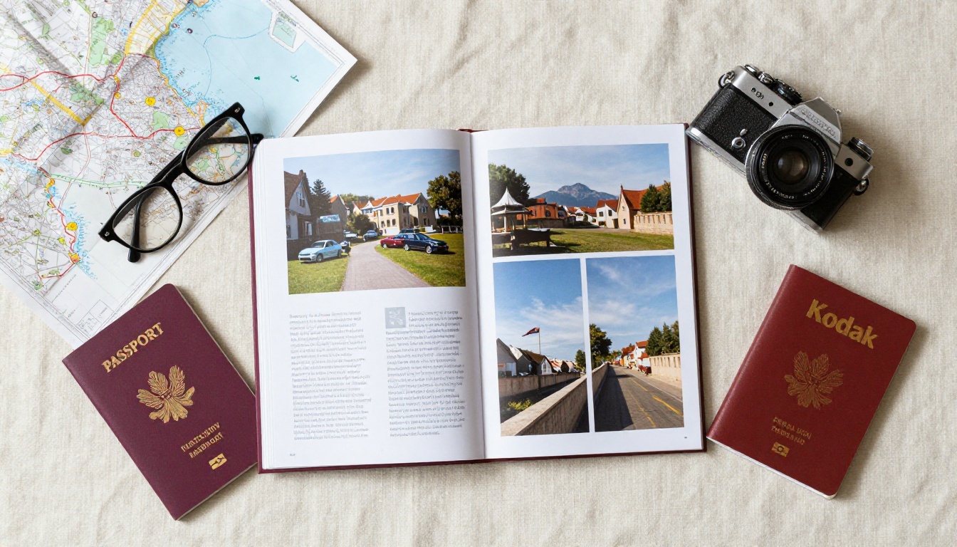 A travel photo book laid flat beside a passport and film camera