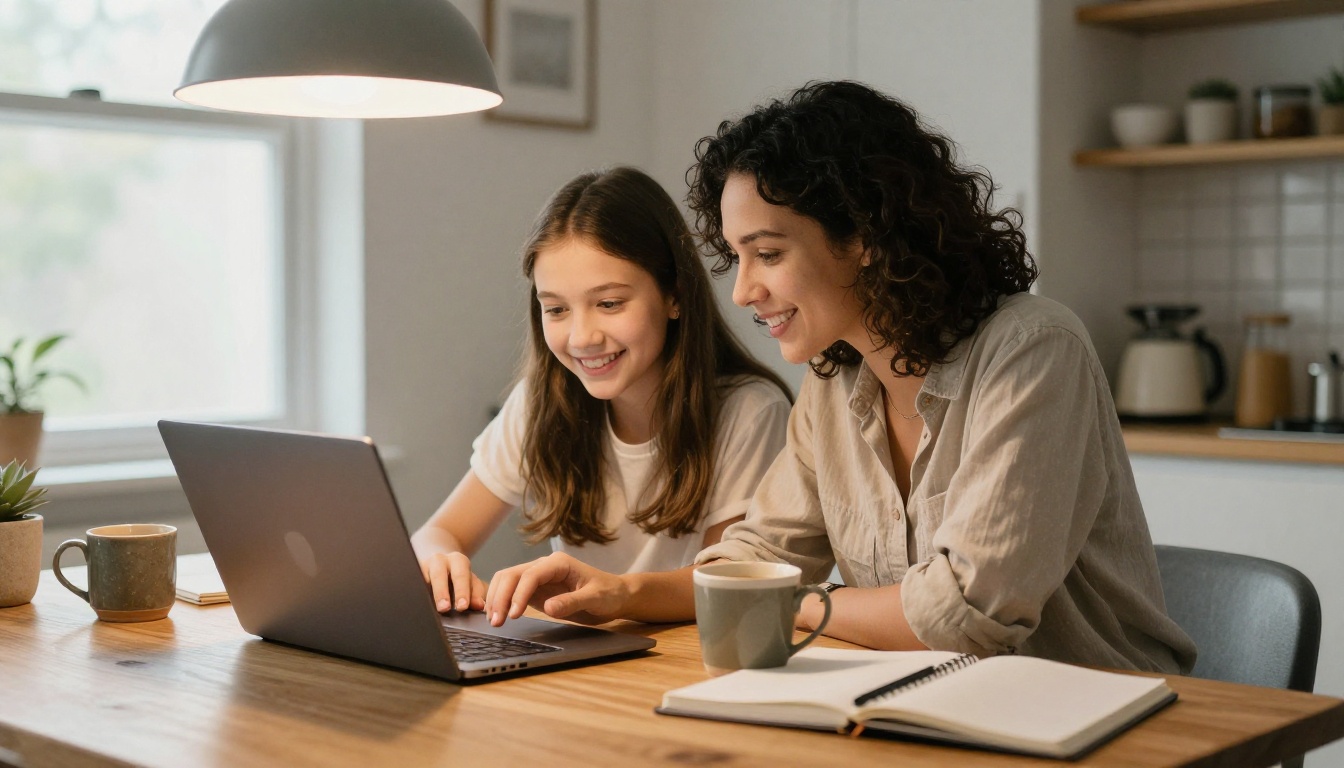 A parent and daughter reviewing a laptop portfolio at a kitchen table A parent and daughter reviewing a laptop portfolio at a kitchen table