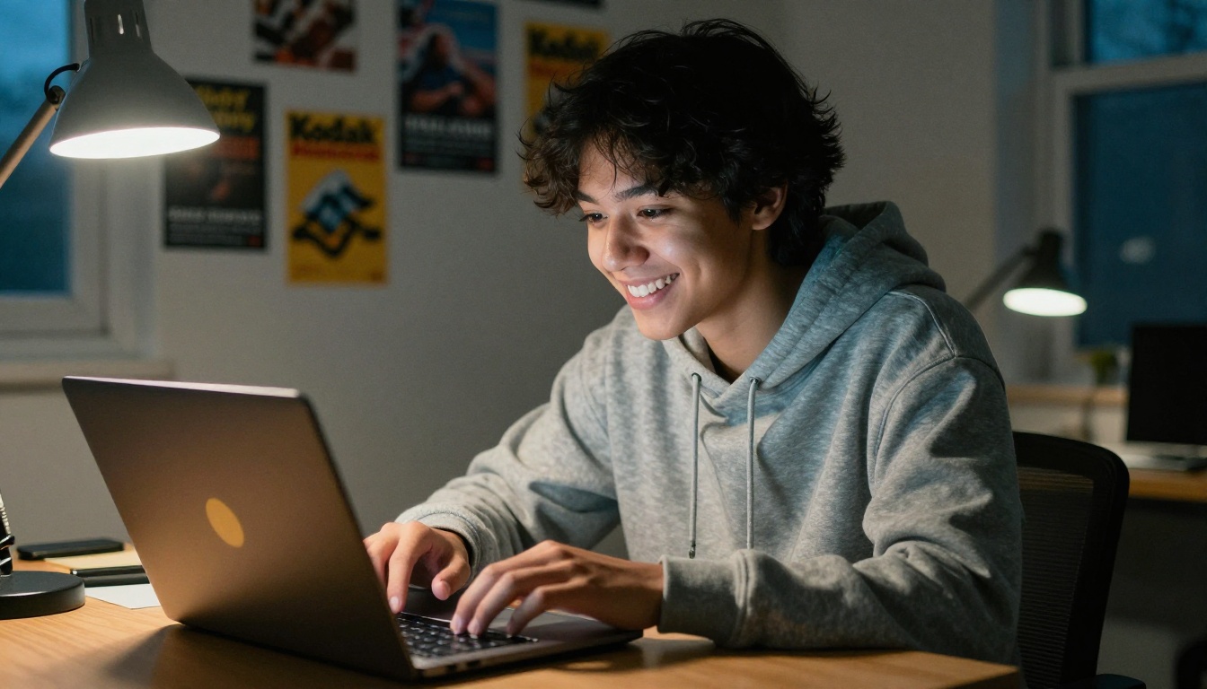A smiling student at a laptop about to submit a college application A smiling student at a laptop about to submit a college application