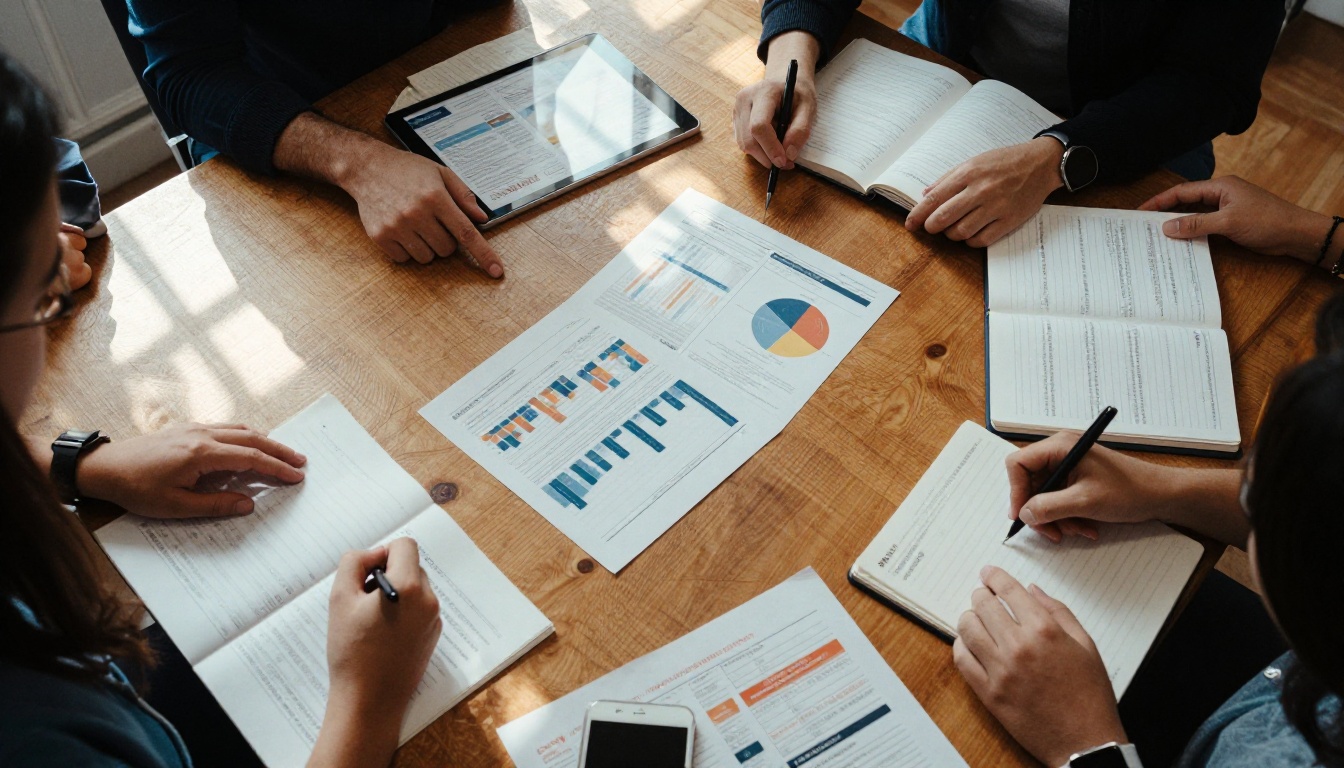 A nonprofit team reviewing printed impact reports around a wooden table A nonprofit team reviewing printed impact reports around a wooden table