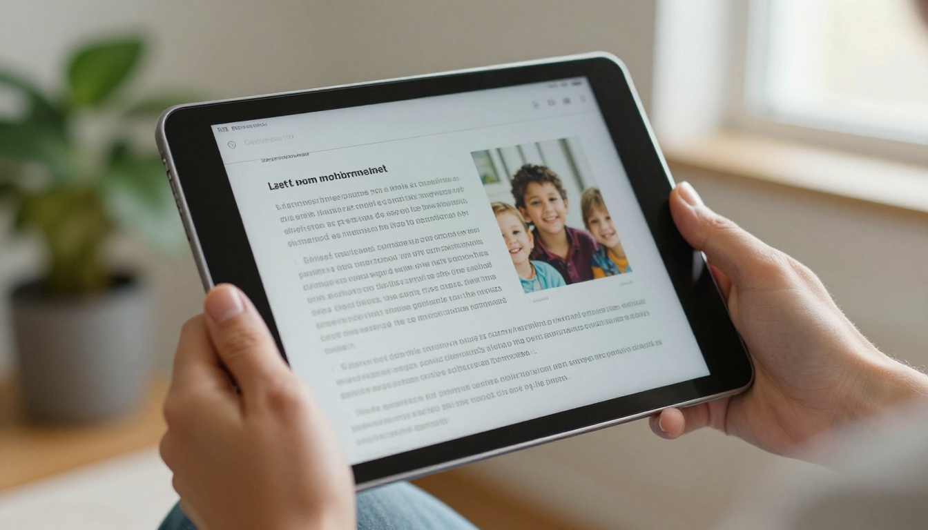Hands holding a tablet showing a digital report with smiling children Hands holding a tablet showing a digital report with smiling children