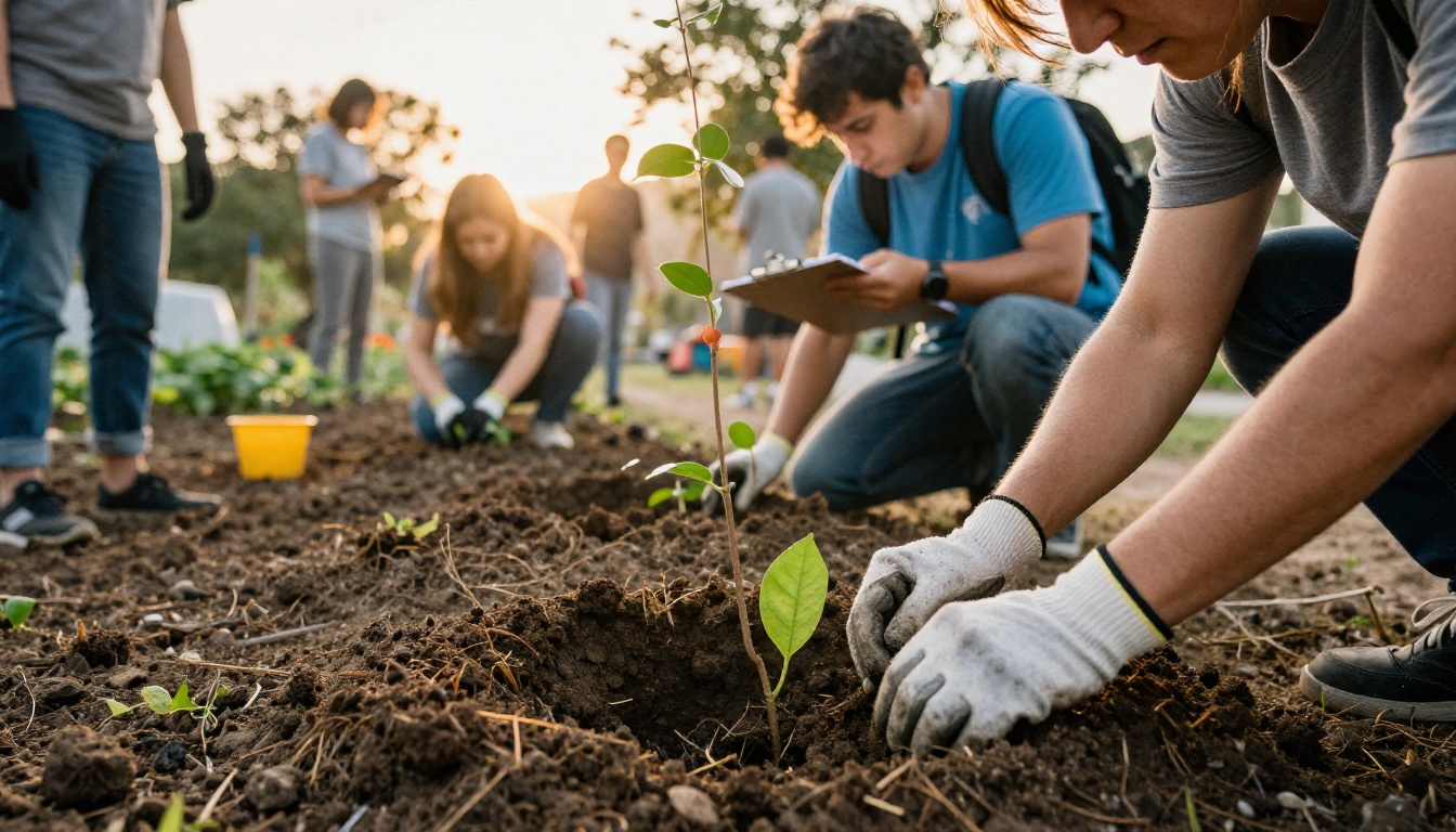 Volunteers planting trees in a community garden with a coordinator taking notes Volunteers planting trees in a community garden with a coordinator taking notes