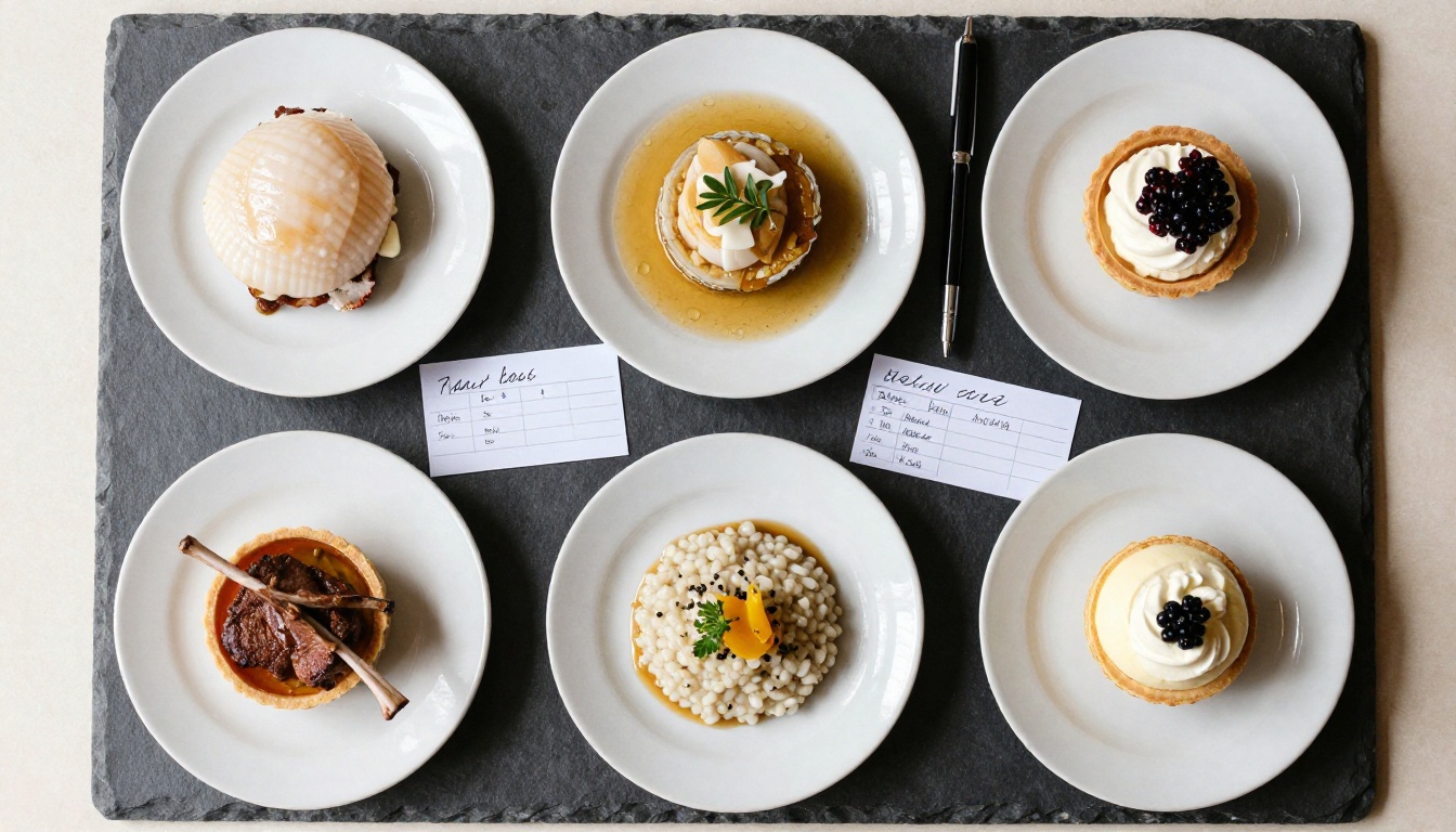 Wedding tasting plates arranged on a slate board with a scorecard