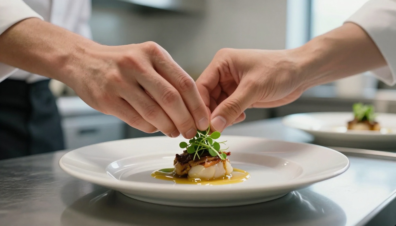 Caterer placing a microgreen garnish on a plated wedding entree