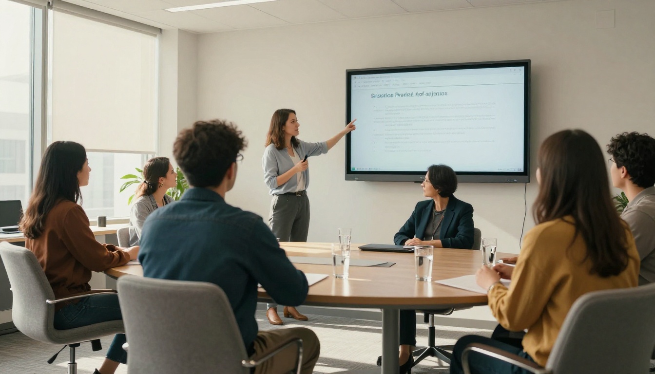 A presenter showing a report on a wall screen at a donor meeting A presenter showing a report on a wall screen at a donor meeting