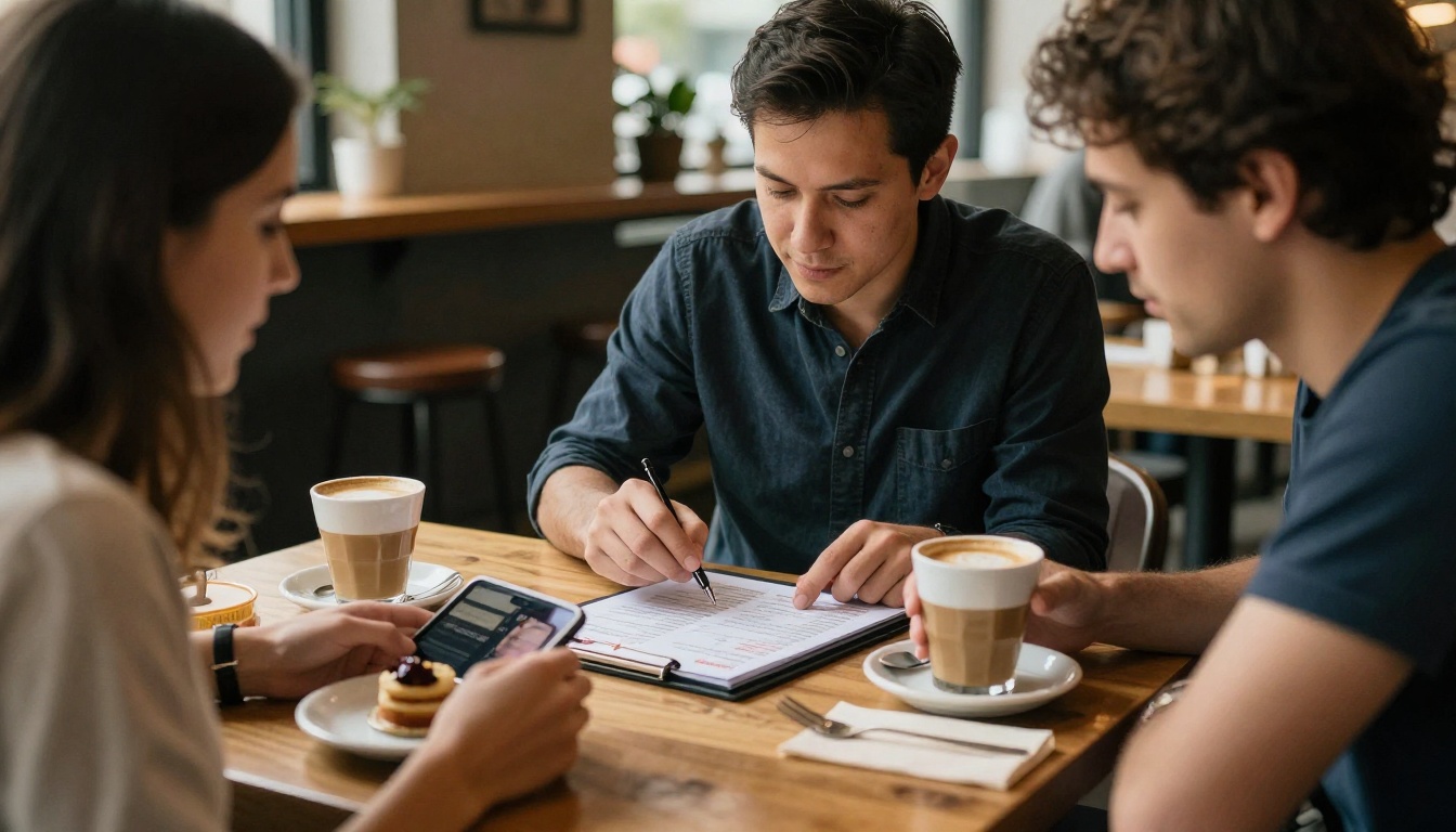 Couple reviewing a catering package price sheet with a caterer at a cafe table