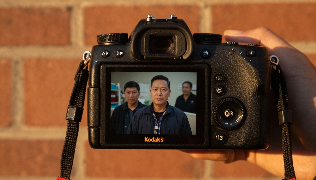 A photographer reviewing community portraits on a camera screen outside a clinic A photographer reviewing community portraits on a camera screen outside a clinic