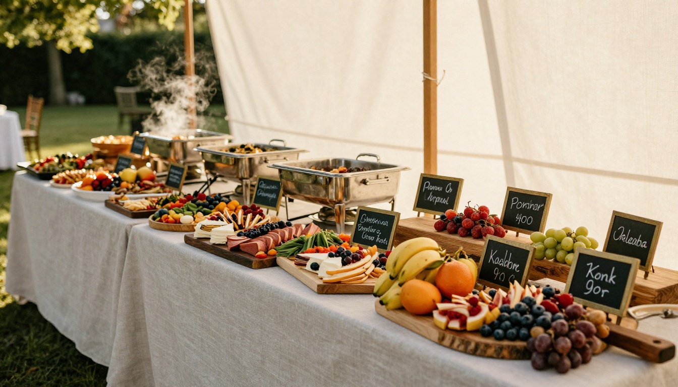 Wide wedding buffet station in a garden marquee at golden hour