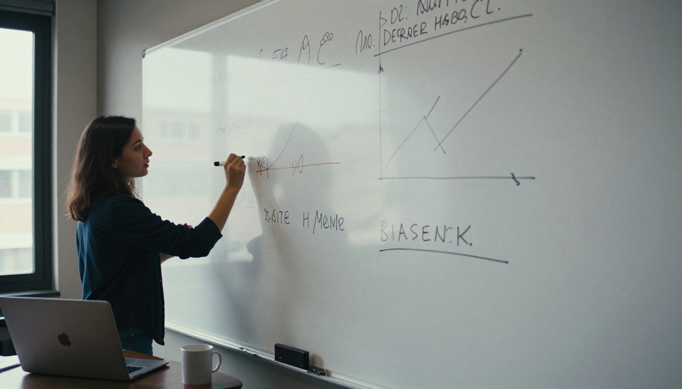 A data analyst writing metrics on a glass wall beside a laptop A data analyst writing metrics on a glass wall beside a laptop
