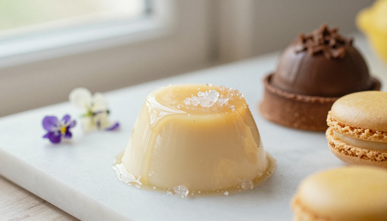 Plated wedding dessert trio with edible flowers on marble