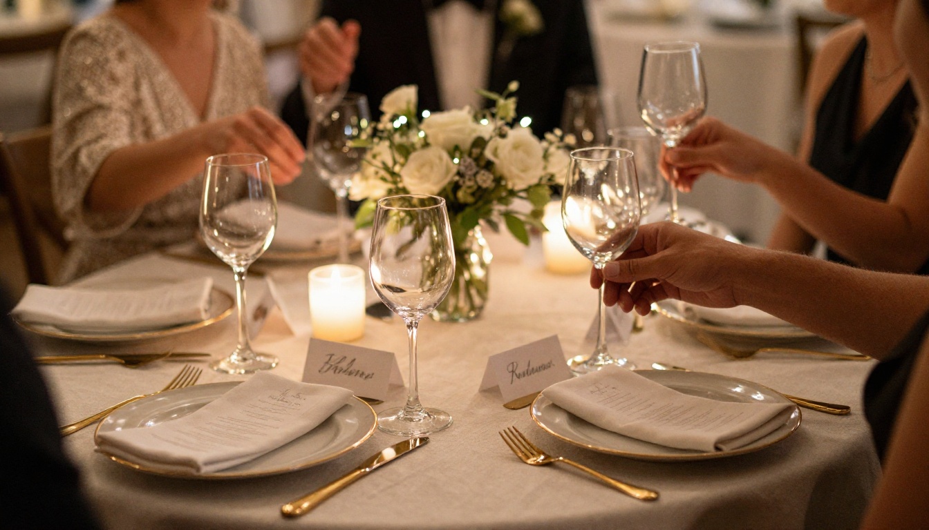 Plated three course wedding dinner at a reception table with gold cutlery
