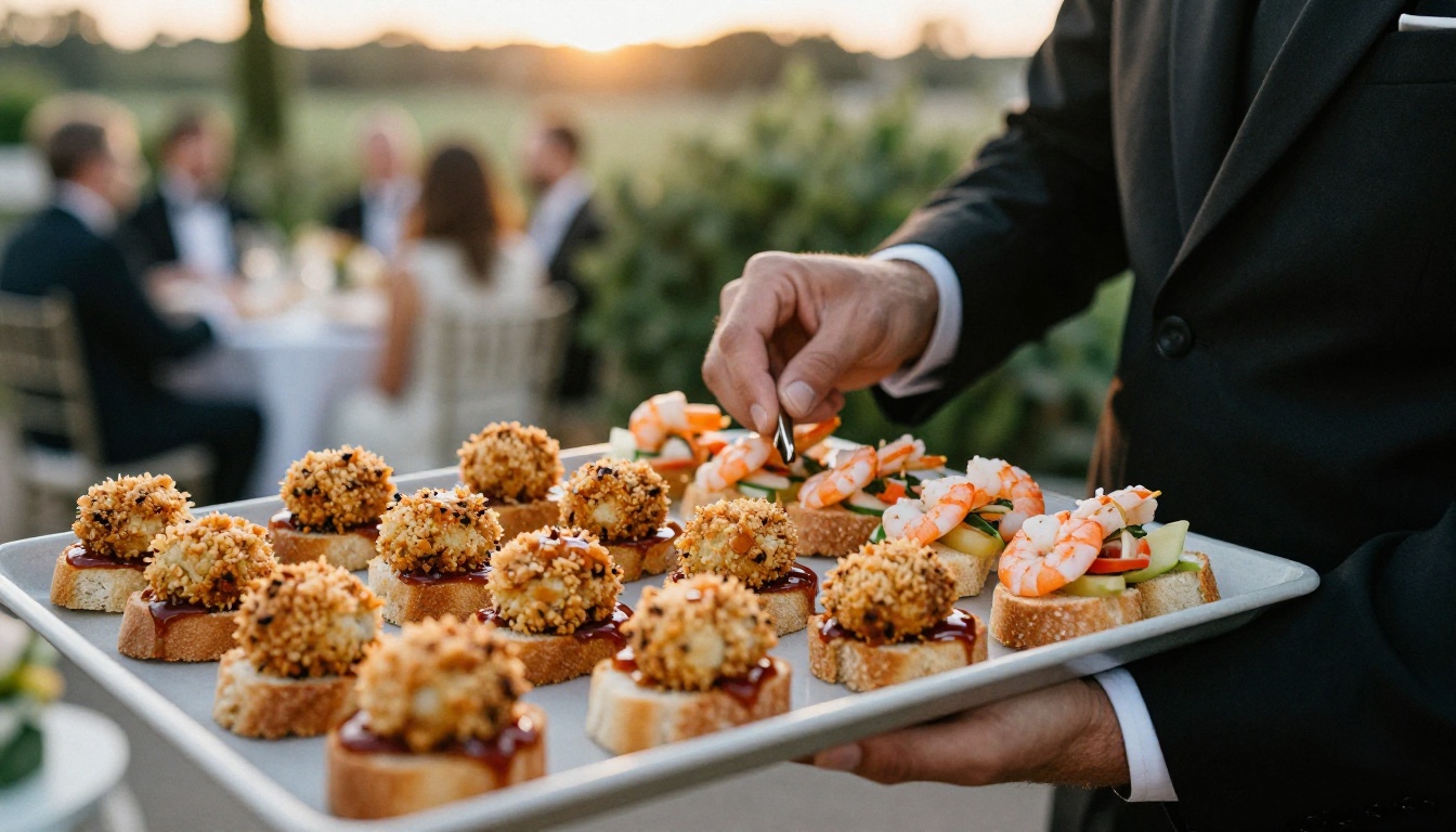 Server holding a tray of passed appetizers at a cocktail hour