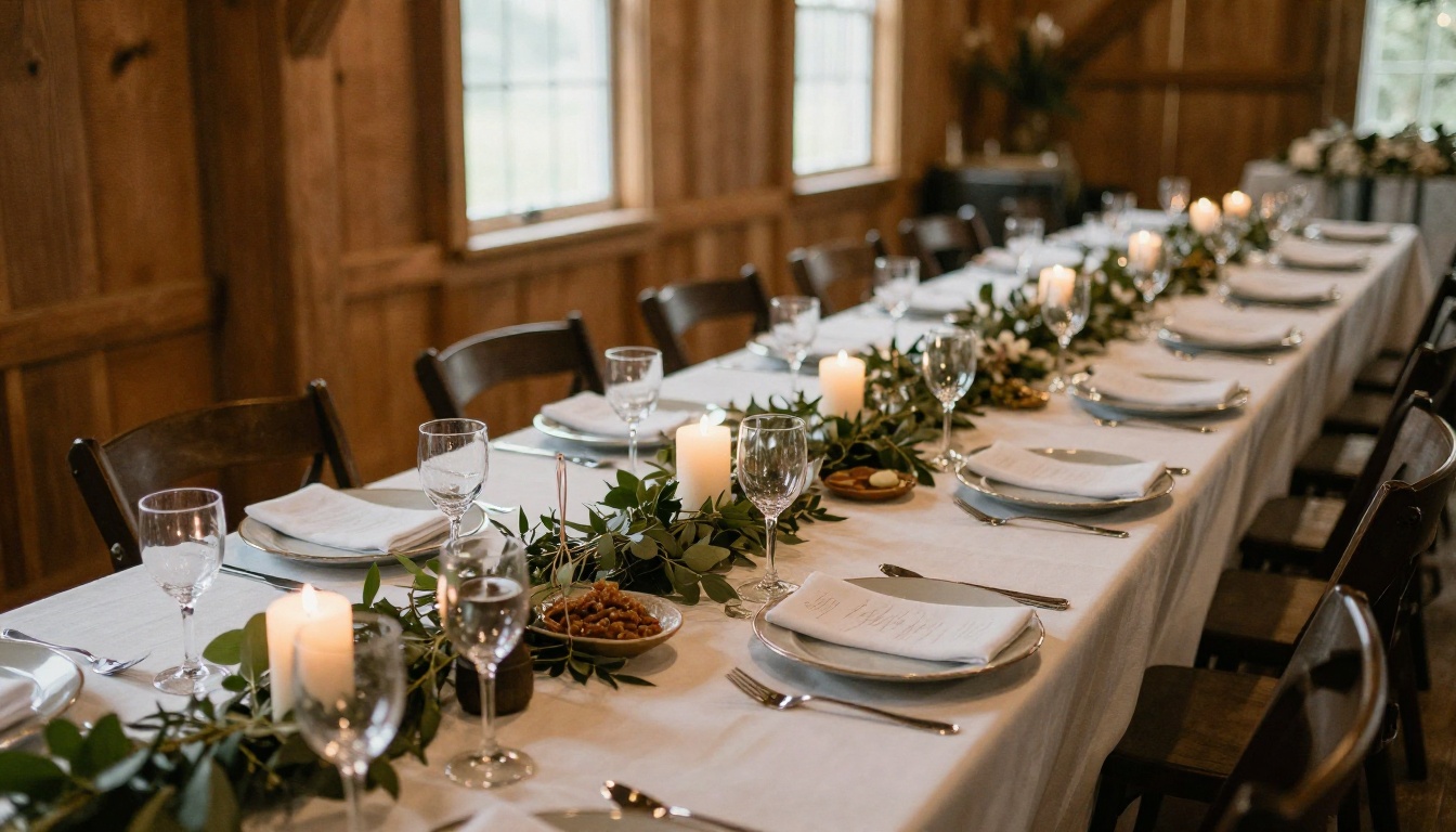 Long family style wedding banquet table in a barn venue