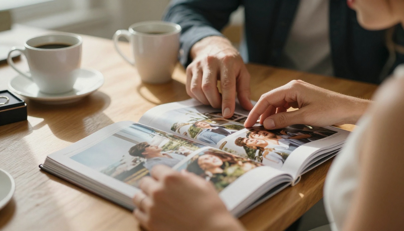 A couple opening a welcome magazine at the kitchen table
