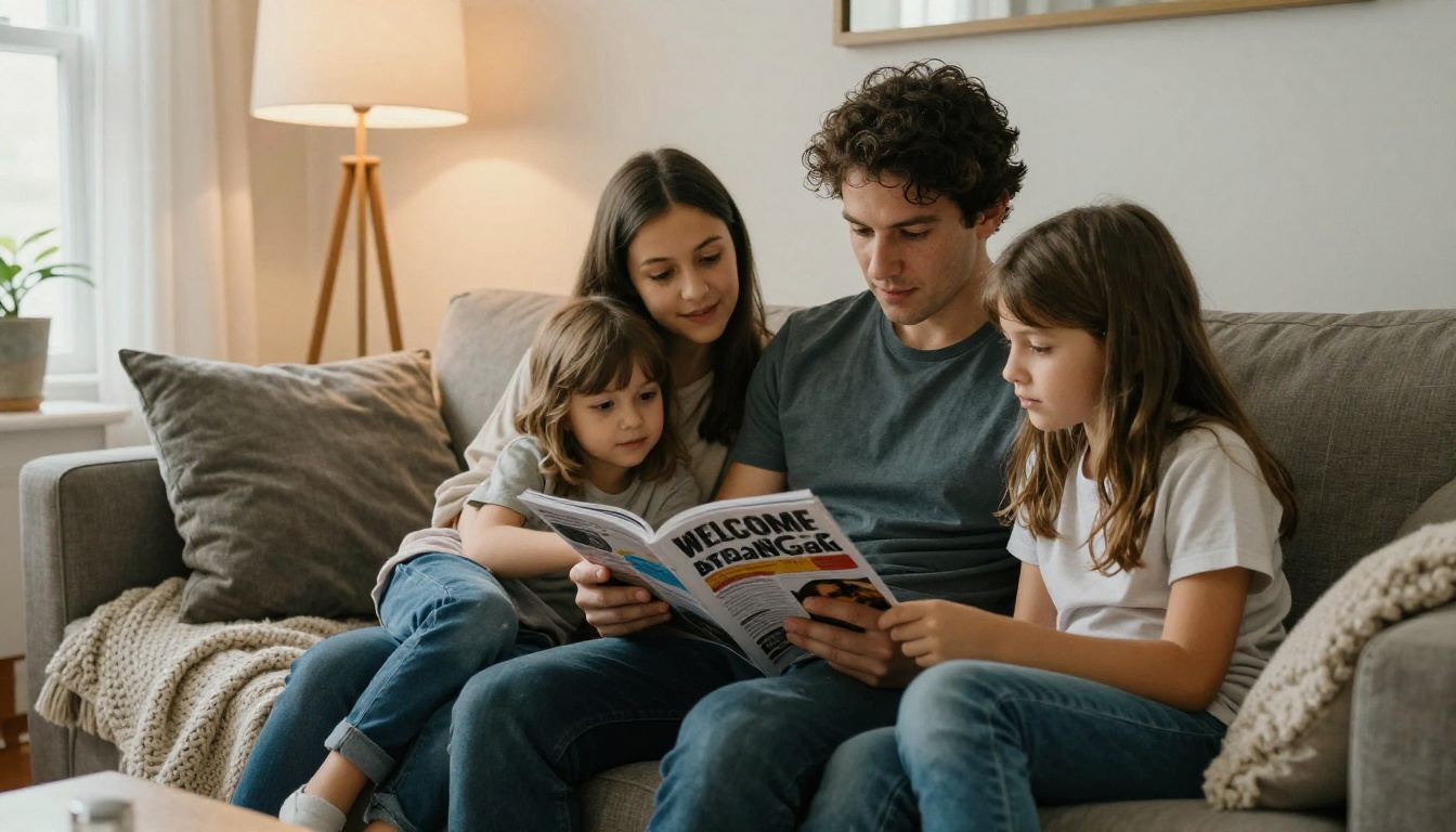 A family of four reading a welcome magazine on a living room sofa