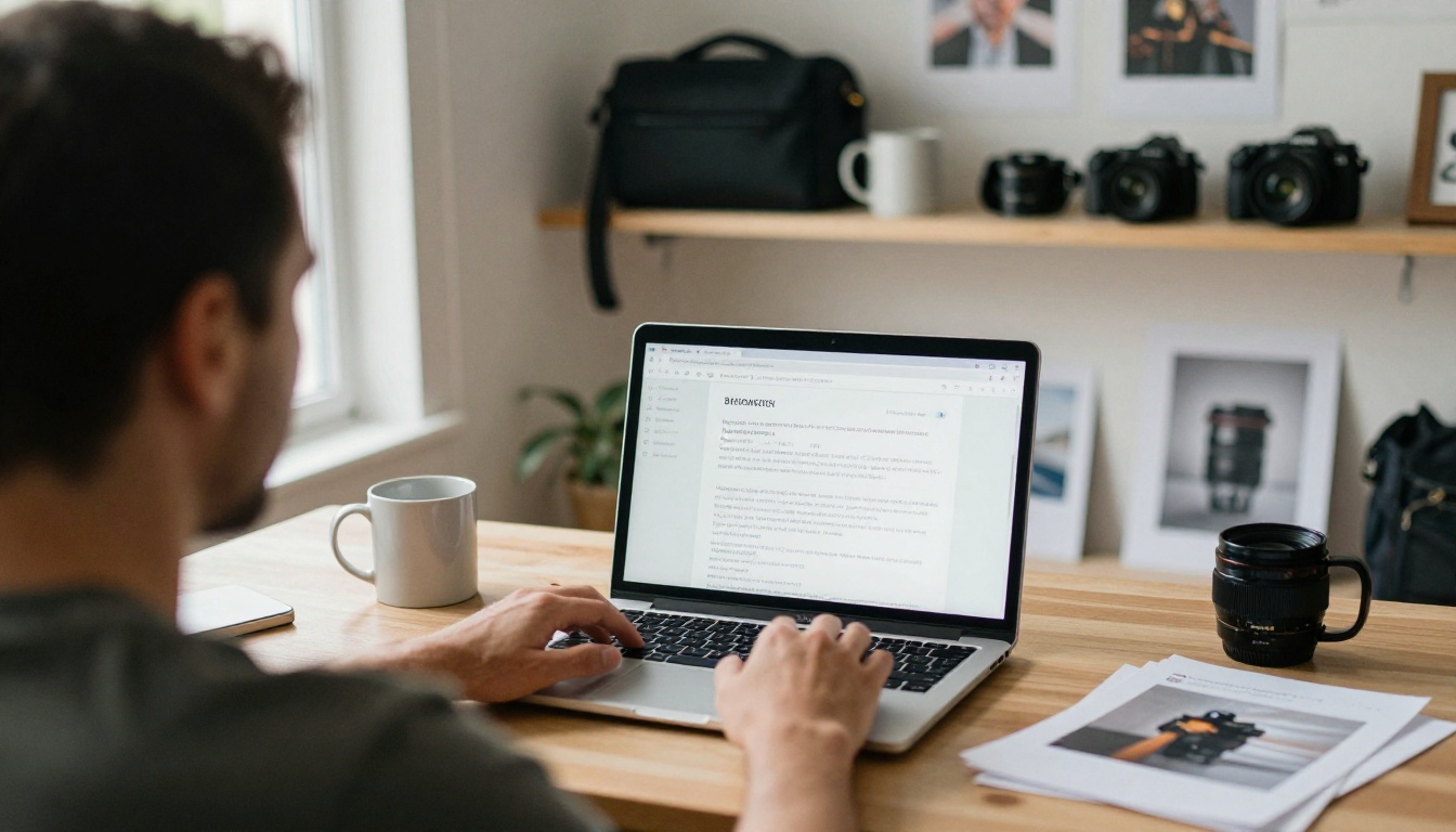Photographer exporting a PDF at a laptop in a home office