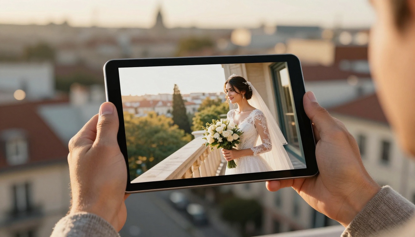 A tablet showing a digital wedding magazine held on a sunlit balcony