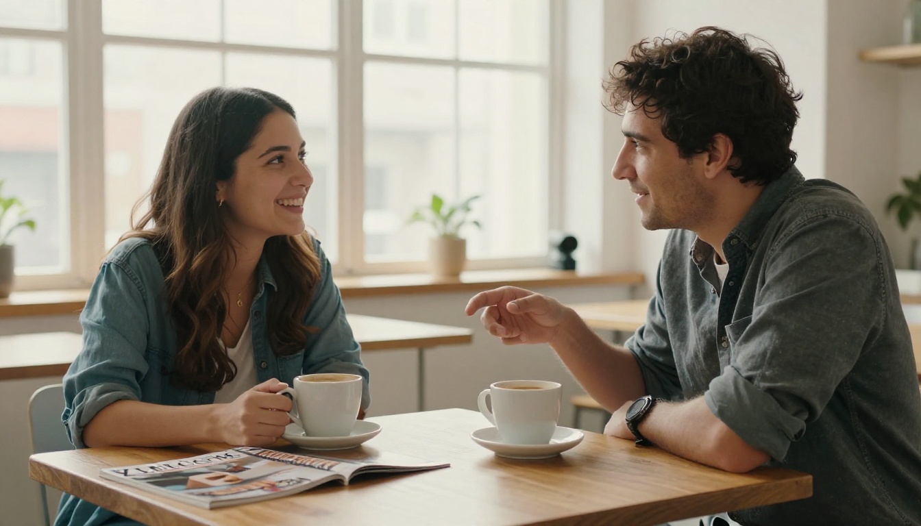 A photographer and a couple chatting over coffee with a welcome magazine on the table