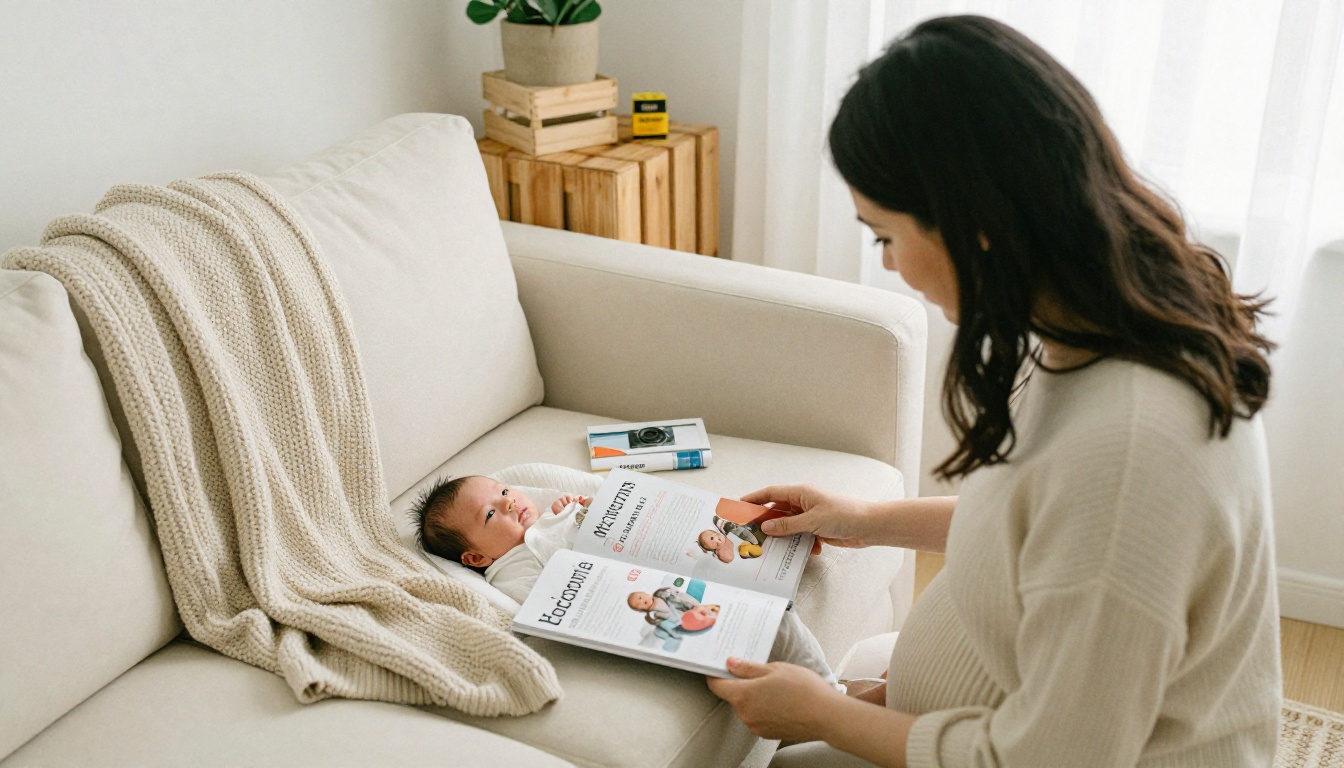 A pregnant mother and partner browsing a welcome magazine in a newborn studio