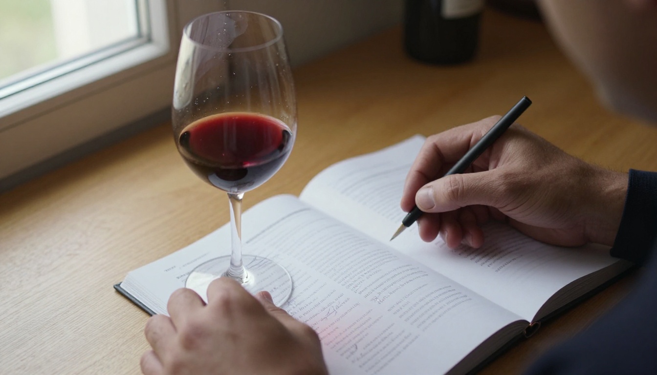 Sommelier swirling red wine beside an open tasting book with handwritten notes Sommelier swirling red wine beside an open tasting book with handwritten notes
