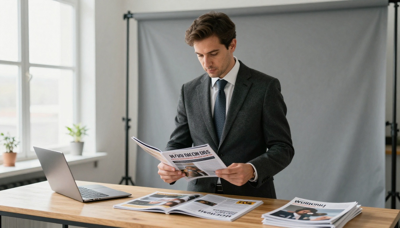 A business professional flipping through a welcome magazine in a studio waiting area