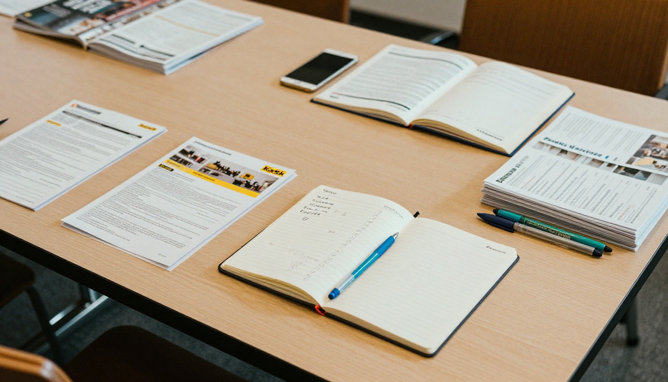 Overhead view of brochures and a handwritten schedule on a library table Overhead view of brochures and a handwritten schedule on a library table