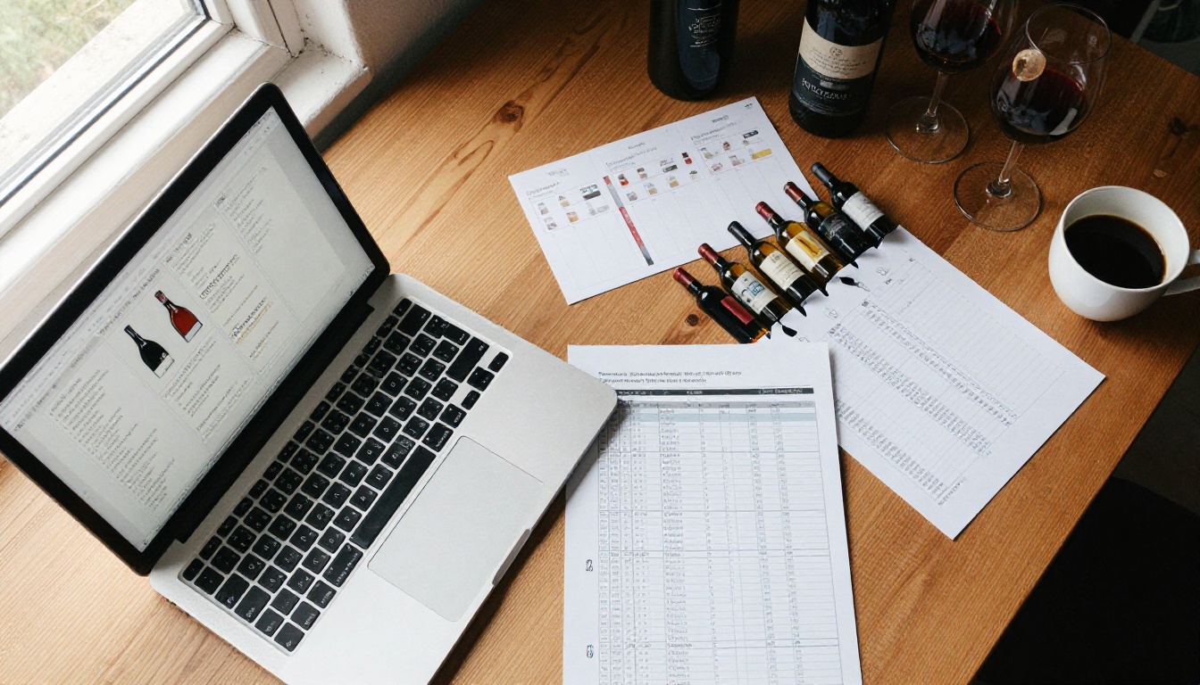 Aerial view of an importer desk with laptop, sample bottles, and tasting cards Aerial view of an importer desk with laptop, sample bottles, and tasting cards