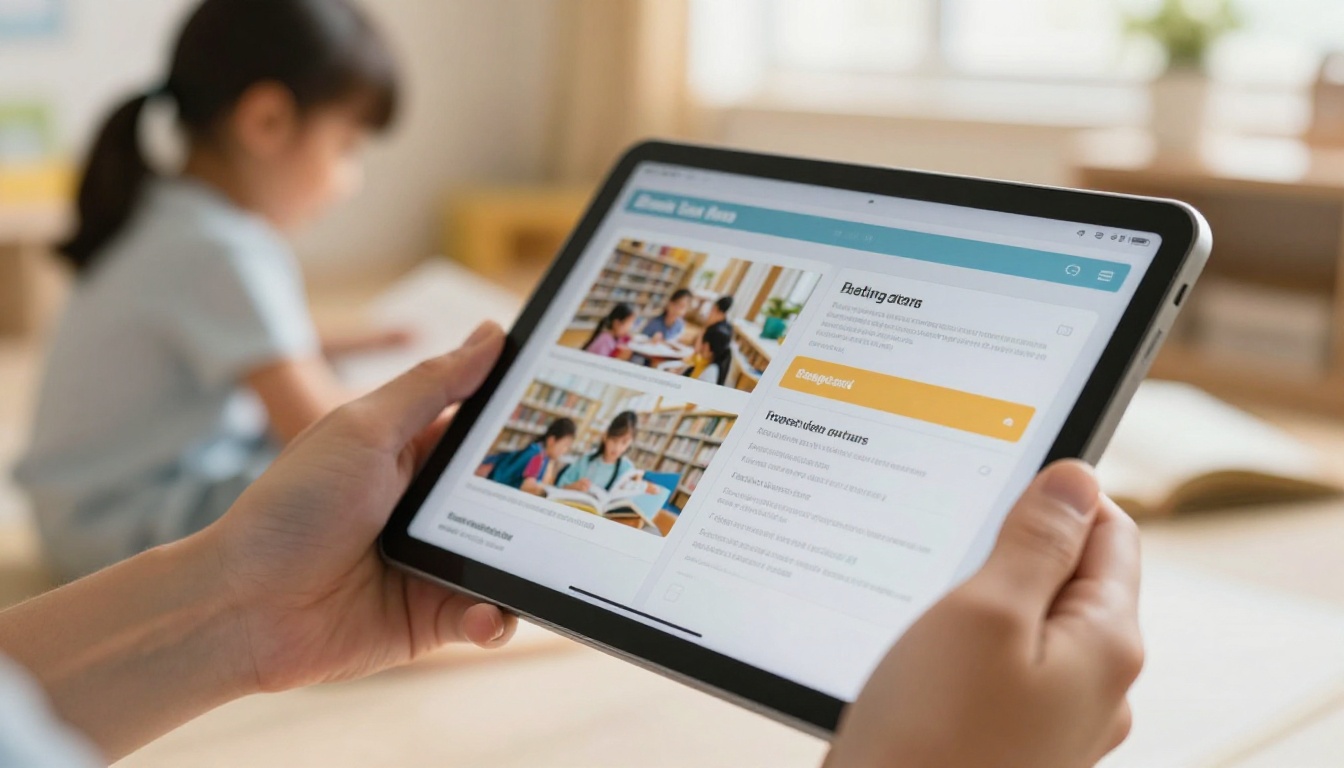 Hands holding a tablet showing a digital library program brochure Hands holding a tablet showing a digital library program brochure