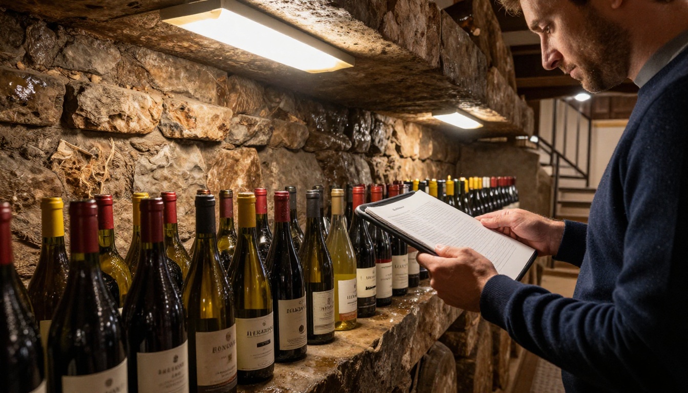 Low-angle view of a cellar rack with a man reading a product sheet on a tablet Low-angle view of a cellar rack with a man reading a product sheet on a tablet