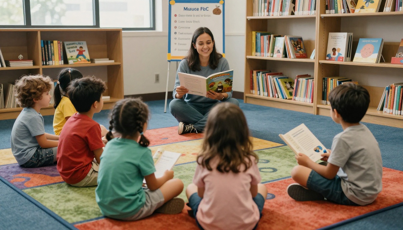 Story time in a library with a posted events board Story time in a library with a posted events board