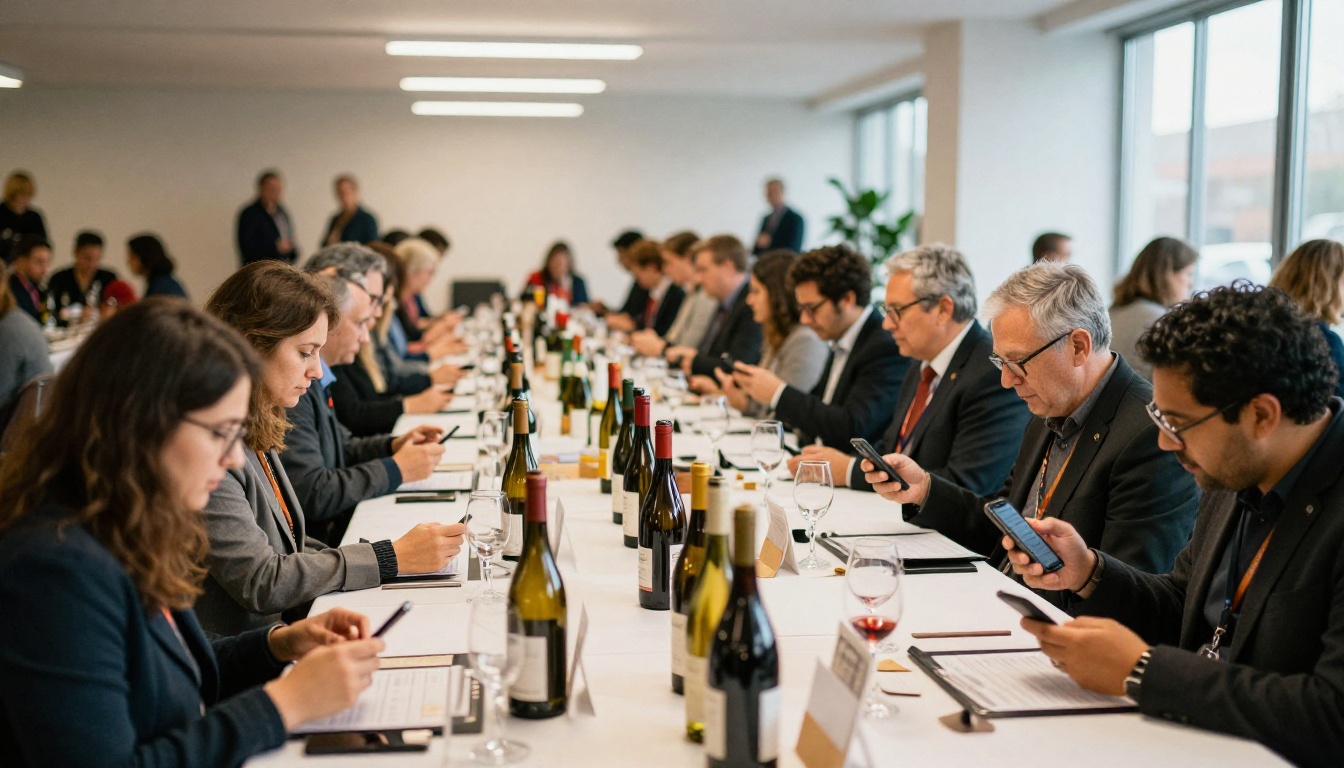 Wide view of a trade tasting hall with buyers holding phones and glasses Wide view of a trade tasting hall with buyers holding phones and glasses