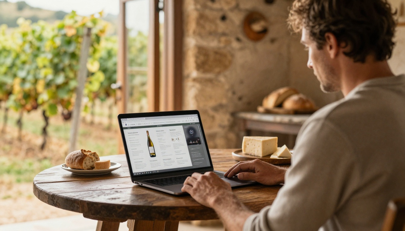 Over-the-shoulder view of a winery owner showing a portfolio on a laptop to an importer Over-the-shoulder view of a winery owner showing a portfolio on a laptop to an importer